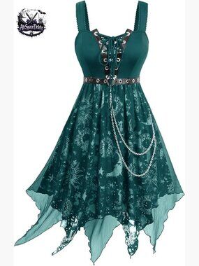 Plus Size Gothic Midi Dress with Chains Lace-Up Sleeveless Sun Moon Stars